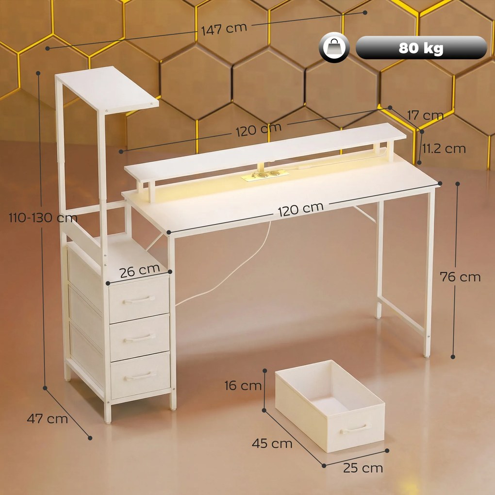 HOMCOM Birou Gaming cu Suport CPU Reglabil Reversibil și LED, 147x47 cm, Stație de Încărcare, Suport Monitor, 3 Sertare din Material Textil, pentru Acasă, Birou sau Studio, Alb | Aosom Romania