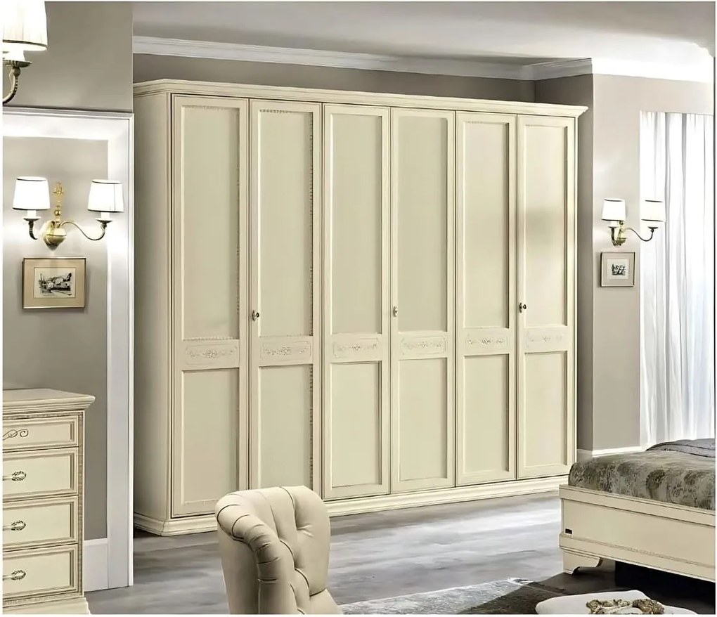 Dulap lemn masiv crem 6 Uși Bologna Patinat, 291 × 65 × 240 cm - Cu patru usi cu oglinzi
