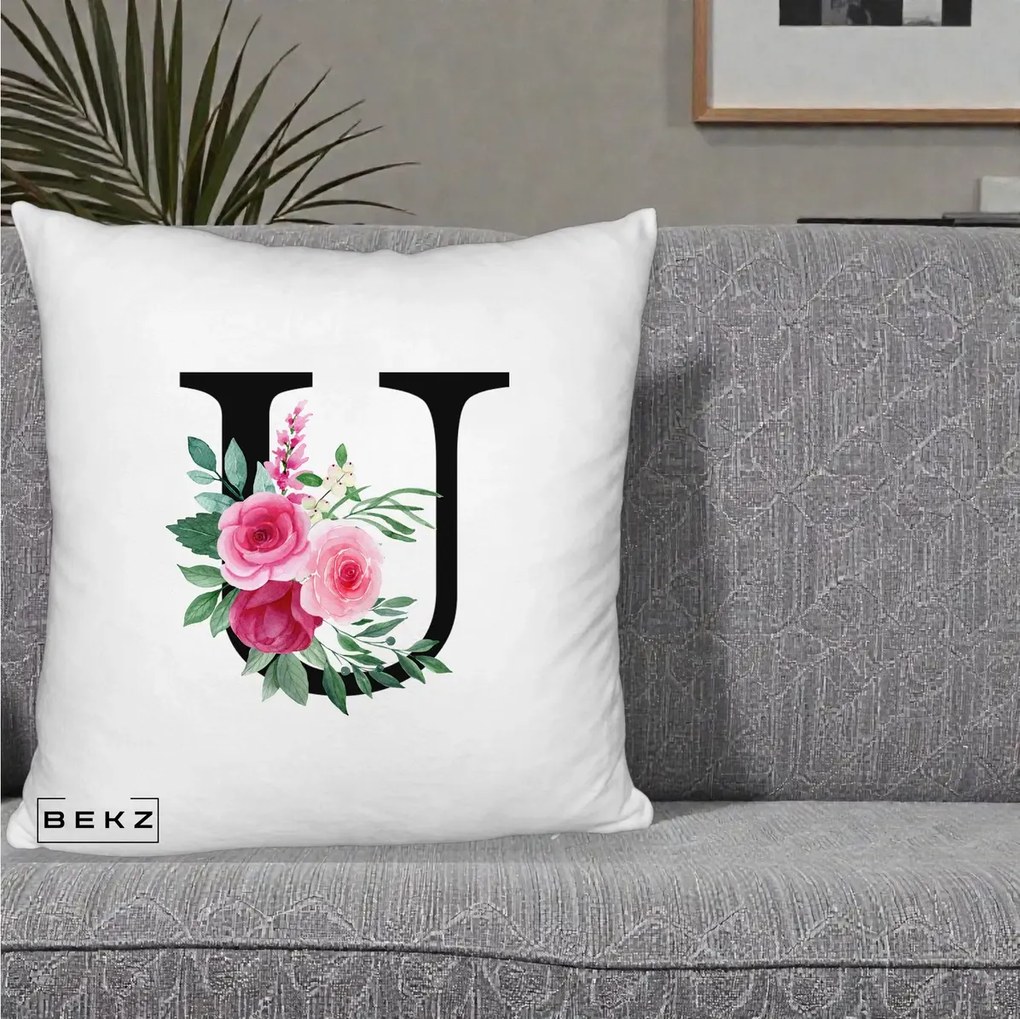Cadou Personalizat - Perna Personalizata Monograma Florala Litera U, 40x40 cm, Alb Pufos, Husa Detasabila, Perna Inclusa, BEKZ®