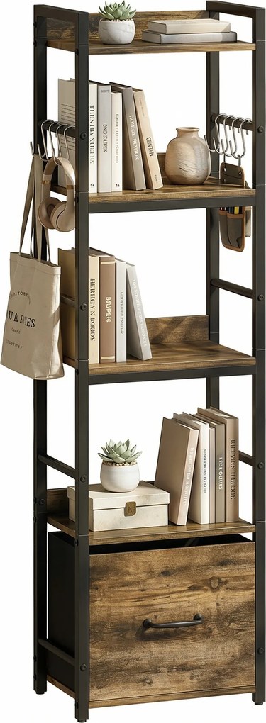 HOMCOM Bibliotecă cu 4 niveluri, etajeră de depozitare îngustă cu sertar, 8 cârlige, , 39 x 26 x 136,5 cm, maro rustic | Aosom Romania