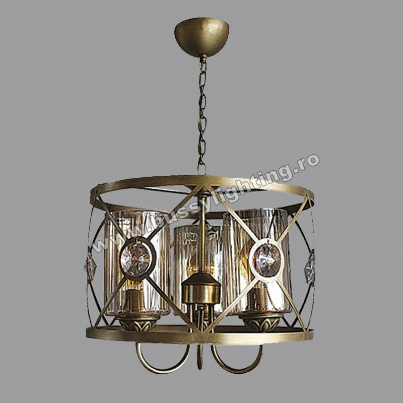 Lustra Selero cu 3 Brate, Desing Vintage, Finisaj Bronz Antichizat, Abajur Amber - Bussy Lighting 0341-52-03