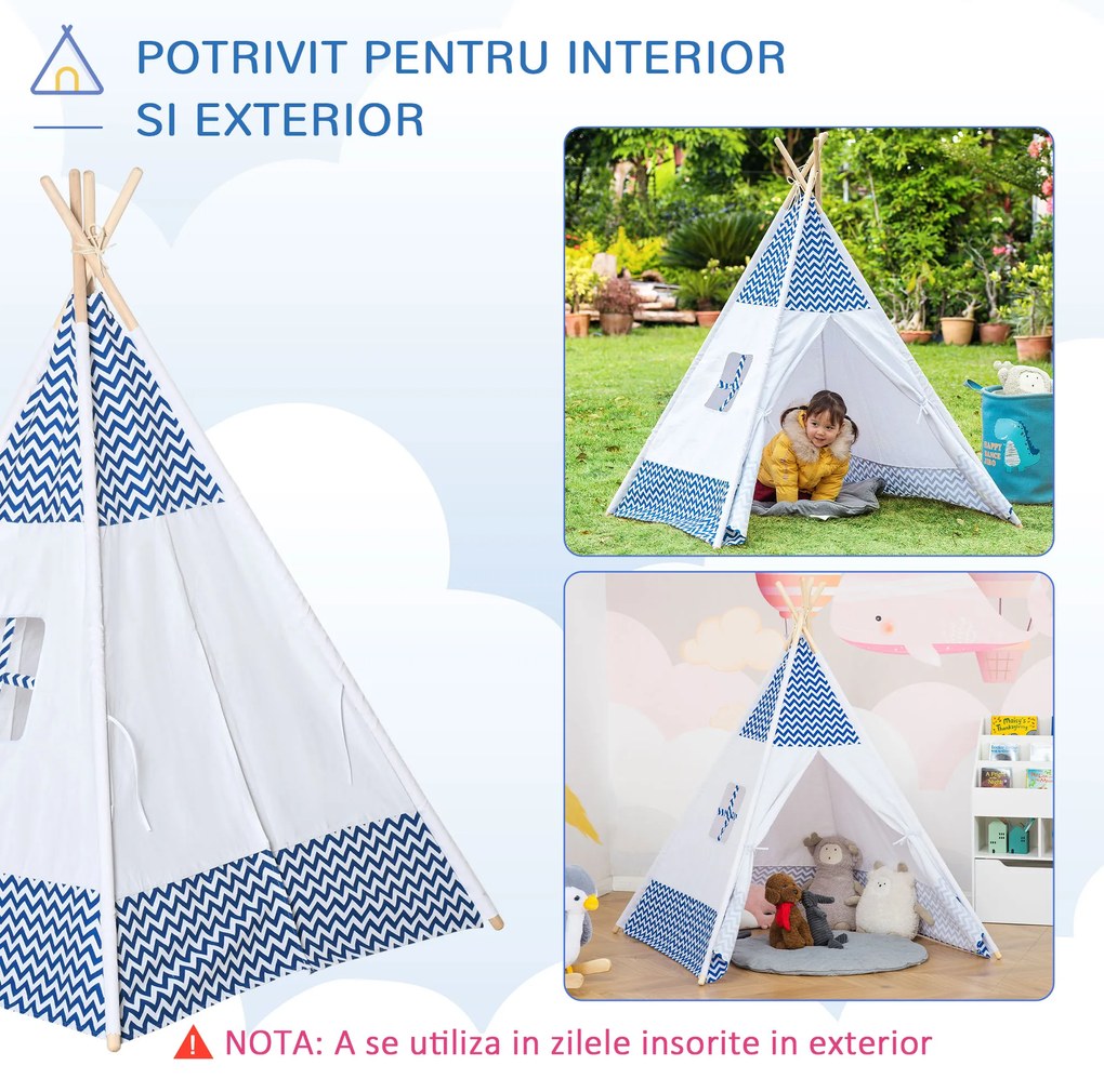 HOMCOM Cort Teepee Indian Gri și Alb pentru Copii 3-6 Ani, Spațiu de Joacă Interior/Exterior, Ușor de Asamblat | Aosom Romania