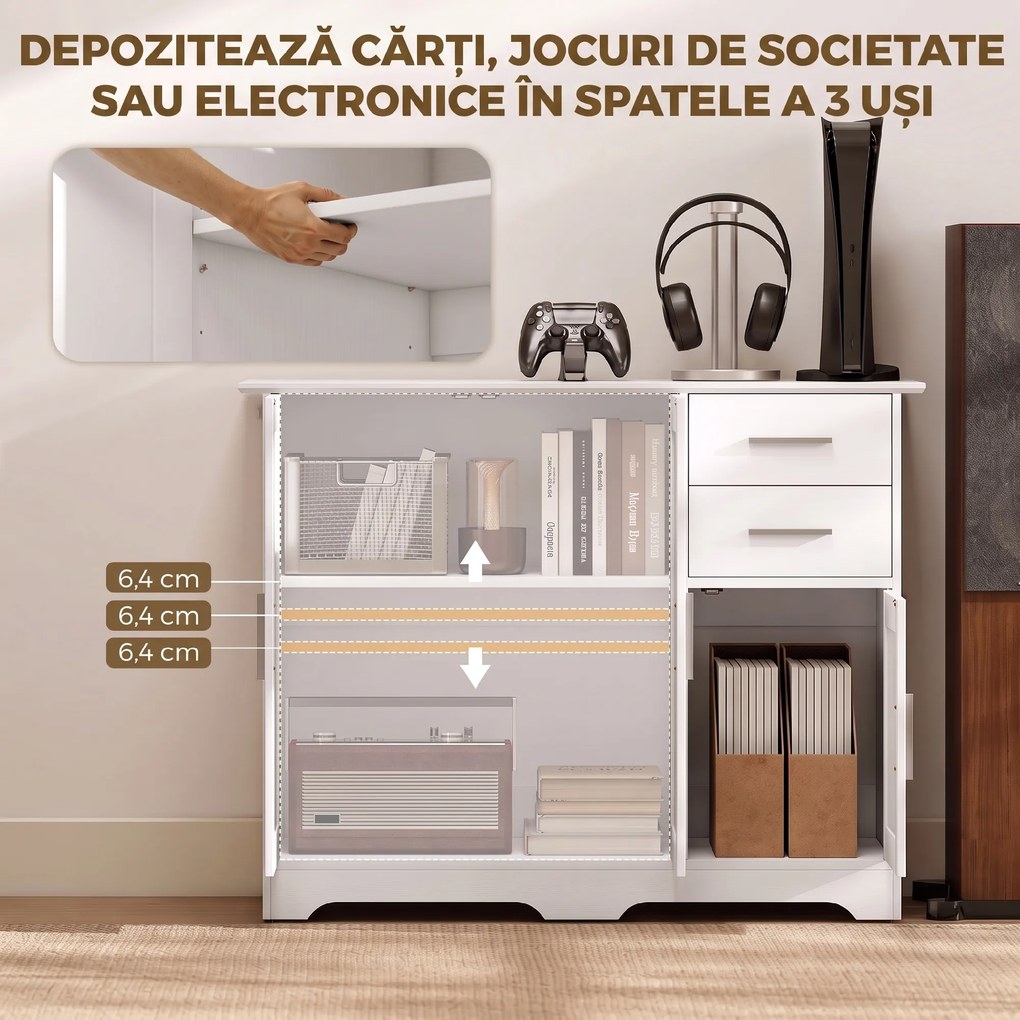 HOMCOM Bufet Modern din Lemn cu 2 Sertare și 2 Dulapuri, 100x40x78 cm, Alb | Aosom Romania