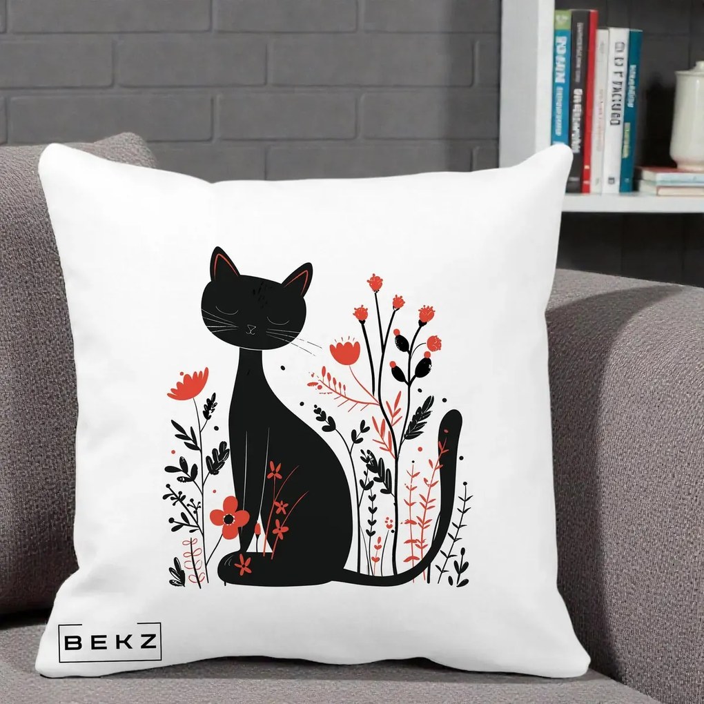 Perna Decorativa Pisica Neagra Flori Rosii Folk Minimal, 40x40 cm, Alba Mata, Husa Detasabila, Perna Inclusa, BEKZ®