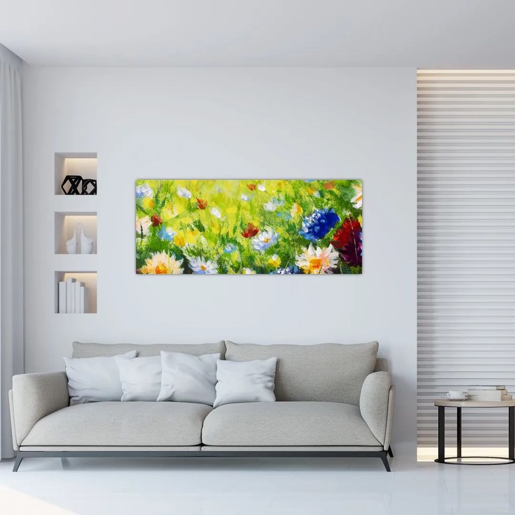 Tablou - Pictură în ulei, pajiște înflorită (120x50 cm)