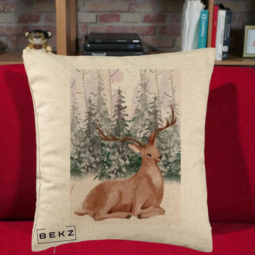 Perna Decorativa Ren in Padure Roz Moale, 40x40 cm, Bej, Husa Detasabila, Perna Inclusa, BEKZ®