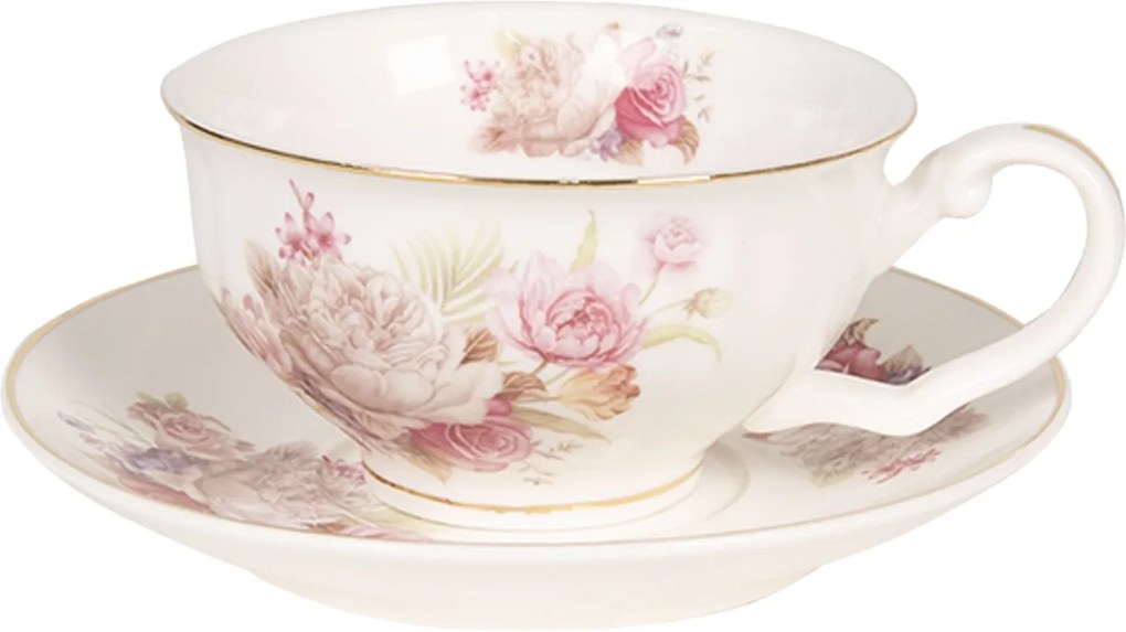 Ceasca cu farfurioara portelan alba Roses 12 cm x 9 cm x 5 cm