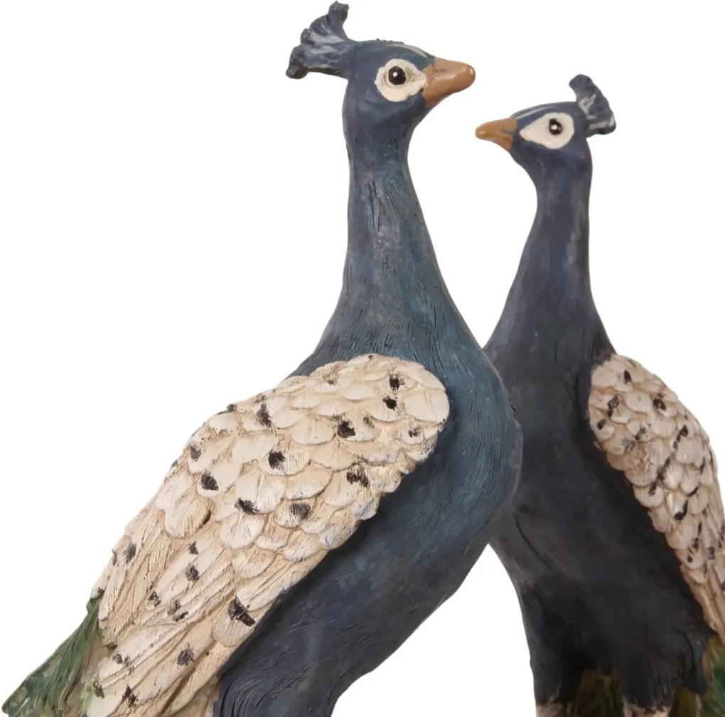 Statuetă decorativă din polirășină, albastru, păun pe bază, finisaj antichizat, 41 x 26 x 11 cm, „Paon”
