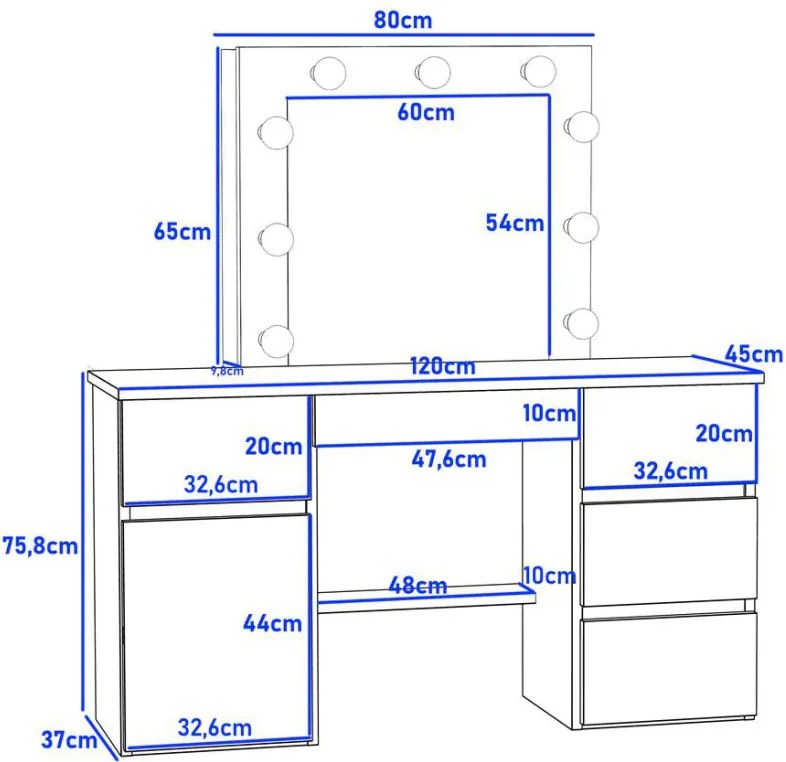 Masuta machiaj cu Oglinda LED si 5 Sertare pentru Cosmetice, Set Masa toaleta 120 cm, Alb, masuta cosmetica, vanity - SEA546