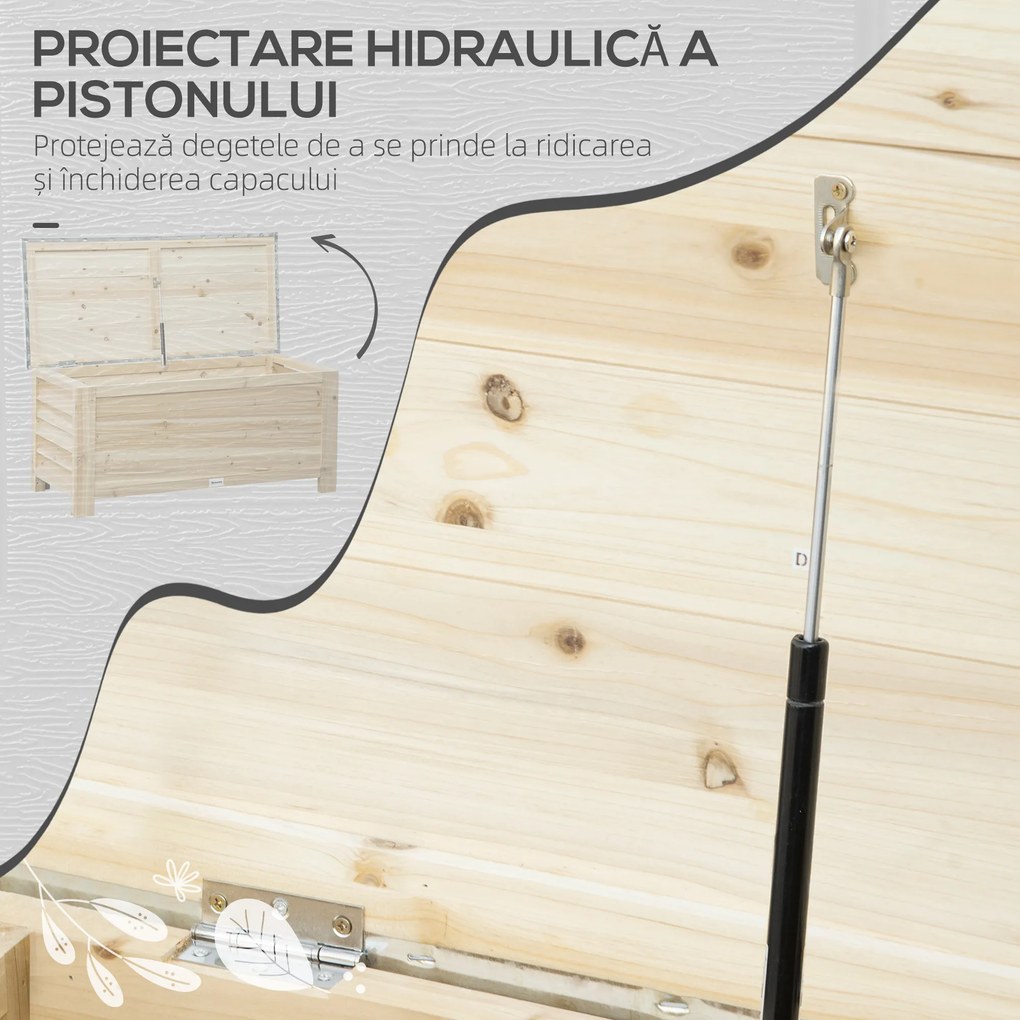 Outsunny Ladă de Depozitare Exterior din Lemn cu Capac Metalic Galvanizat și Design cu Șipci 110x50x50 cm Lemn Natural | Aosom Romania