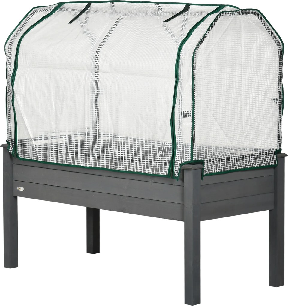 Outsunny Pat de Grădină Înălțat cu Acoperiș din PE, Jardinieră din Lemn pentru Exterior cu 4 Orificii de Drenaj, pentru Flori și Legume, pentru Grădină, Balcon, 121x55x117 cm, Gri Închis | Aosom Romania