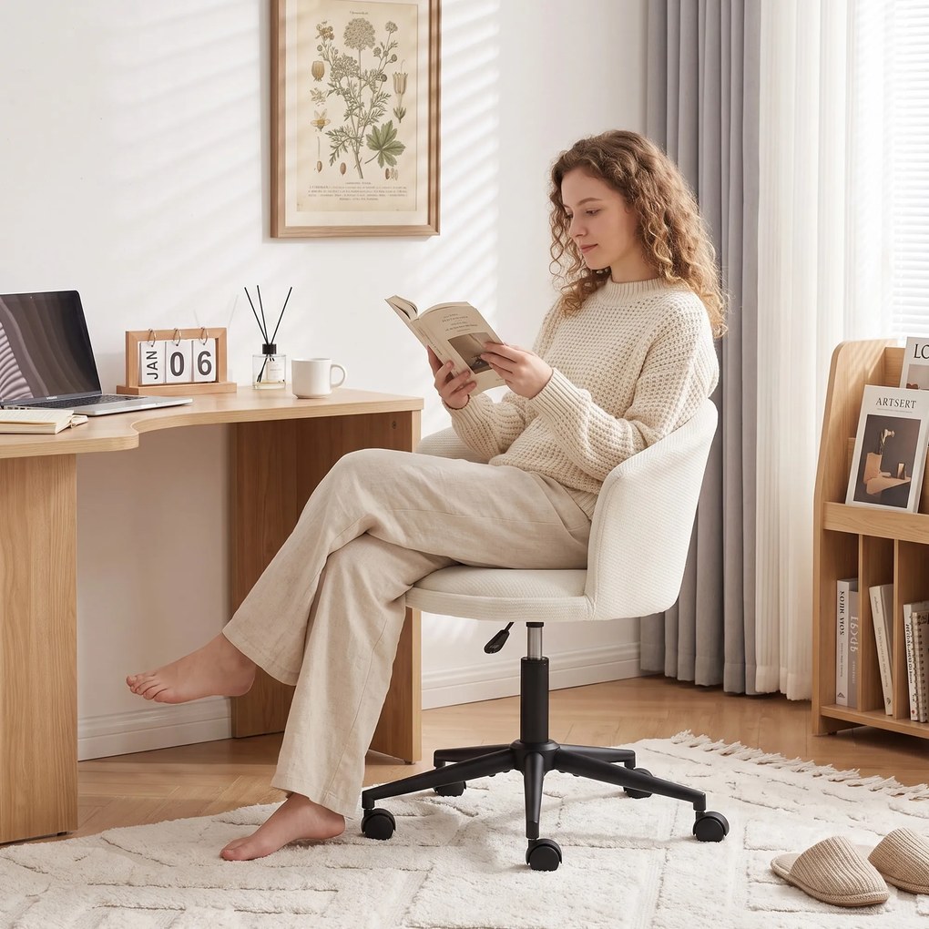 HOMCOM Scaun de birou rotativ din chenille, înălțime reglabilă, pentru machiaj, studio sau dormitor, crem | Aosom Romania