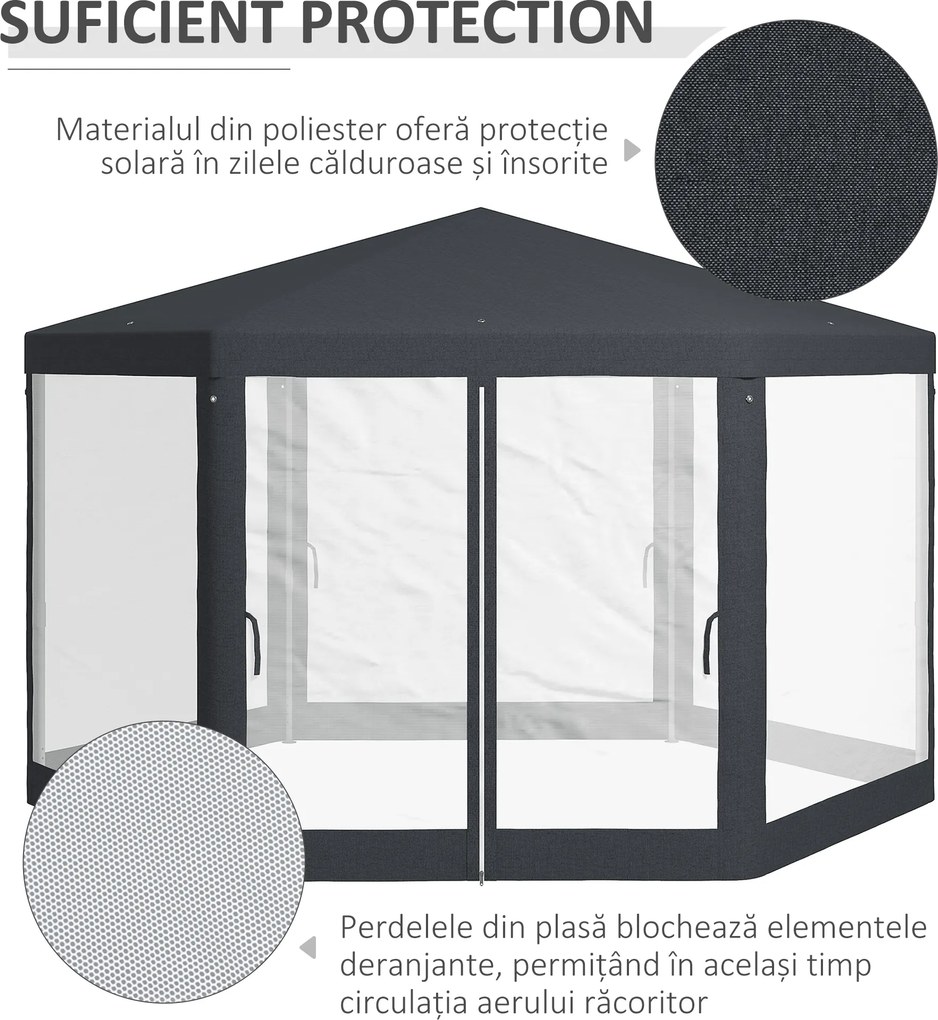 Outsunny Pavilion 4x4 m de Gradina Hexagonal cu Pereti din Plasa, 2 Usi si Picioare Reglabile, Pavilion din Metal si Poliester | Aosom Romania