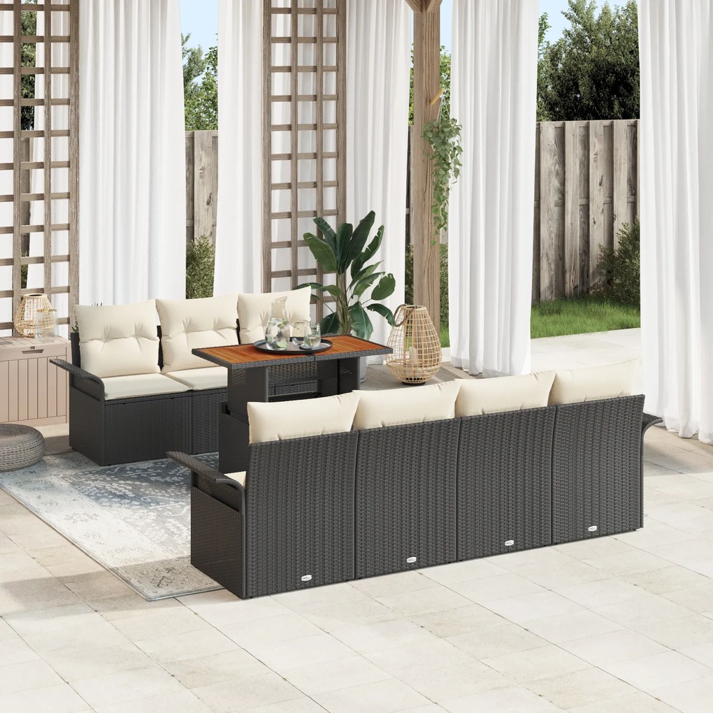 vidaXL Set de canapea de grădină 8 piese cu perne din ratan poly negru și lemn de acacia