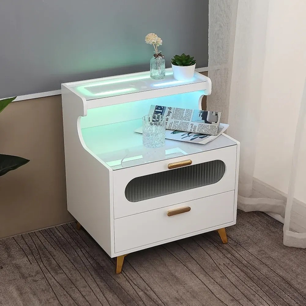 RESIGILAT- Noptieră inteligentă multifunctională, lumină LED RGB, încarcare wireless, 2 sertare, sticlă securizată, Alb
