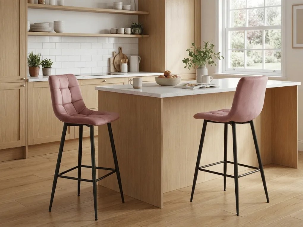 Scaun de bar ARCETO VELVET cu picioare negre, roz