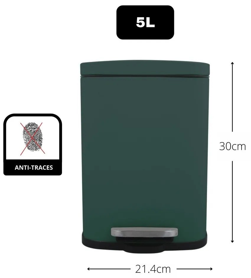 Coș de gunoi verde închis cu pedală din oțel 5 l Akira – Spirella