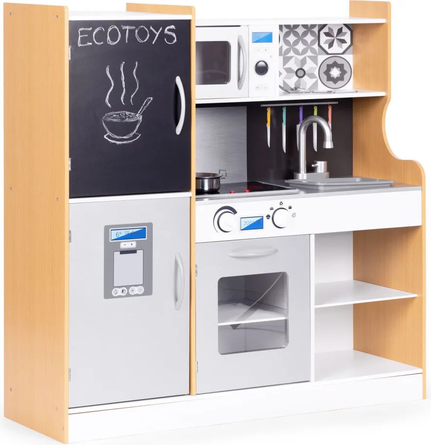 Bucătărie de jucărie din lemn cu sunet și bord LED accesorii metalice