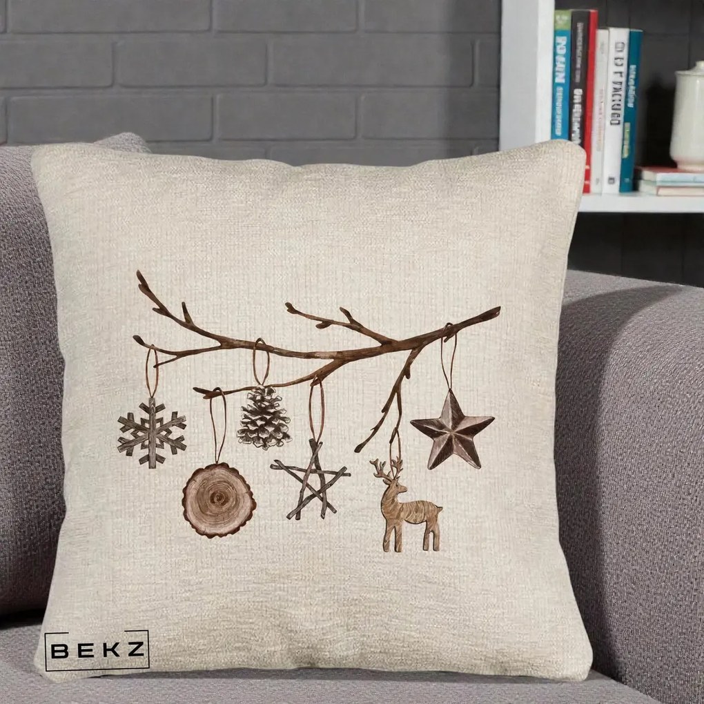 Perna Decorativa Ornamente de Lemn pe Ramura, 40x40 cm, Bej Canapea, Husa Detasabila, Perna Inclusa, BEKZ®