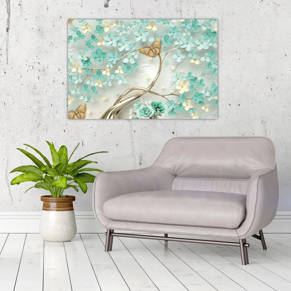 Tablou cu flori și fluturi (90x60 cm)