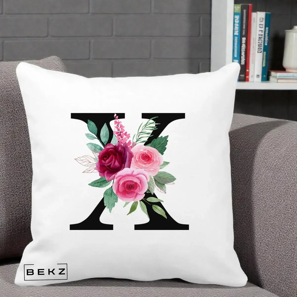 Cadou Personalizat - Perna Personalizata Monograma Florala Litera X cu Buchet, 40x40 cm, Alba Mata, Husa Detasabila, Perna Inclusa, BEKZ®
