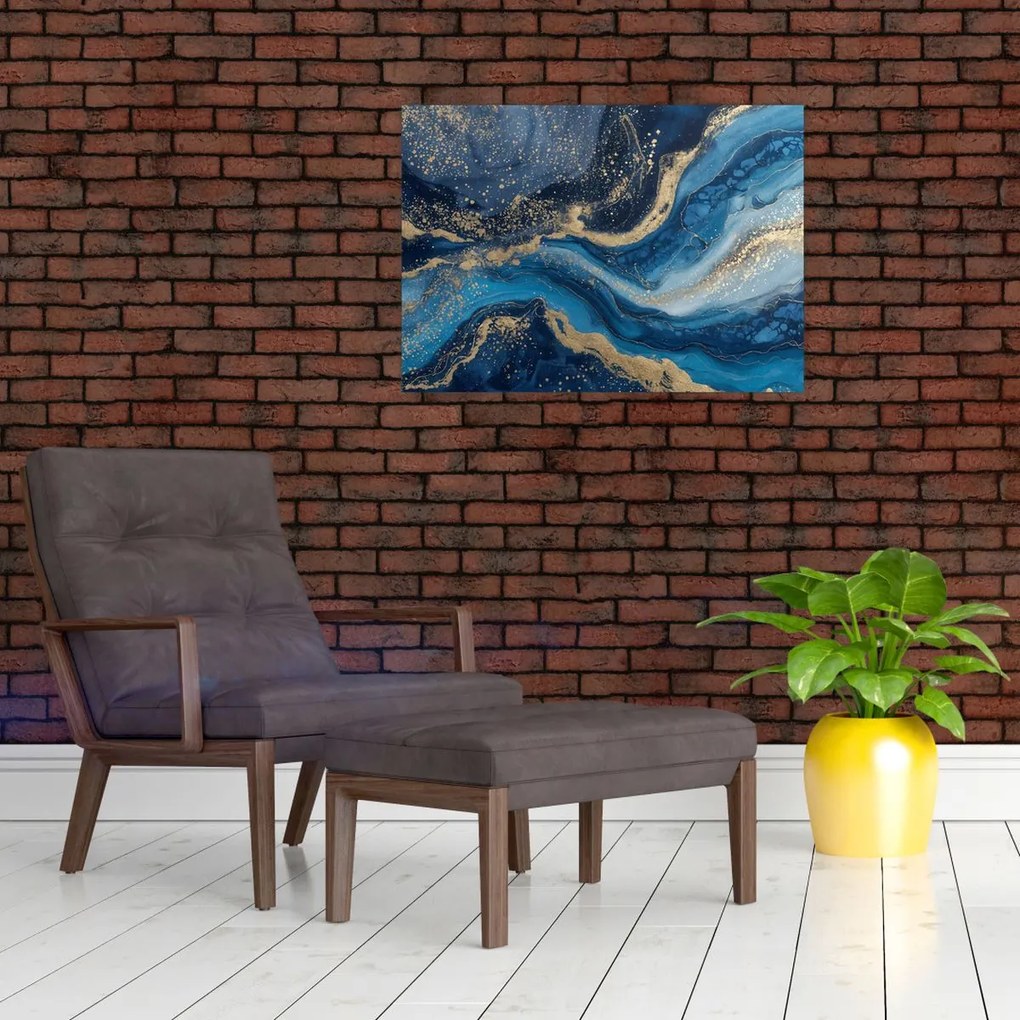 Tablou pe sticlă - Marmură abstractă albastru-aurie (70x50 cm)