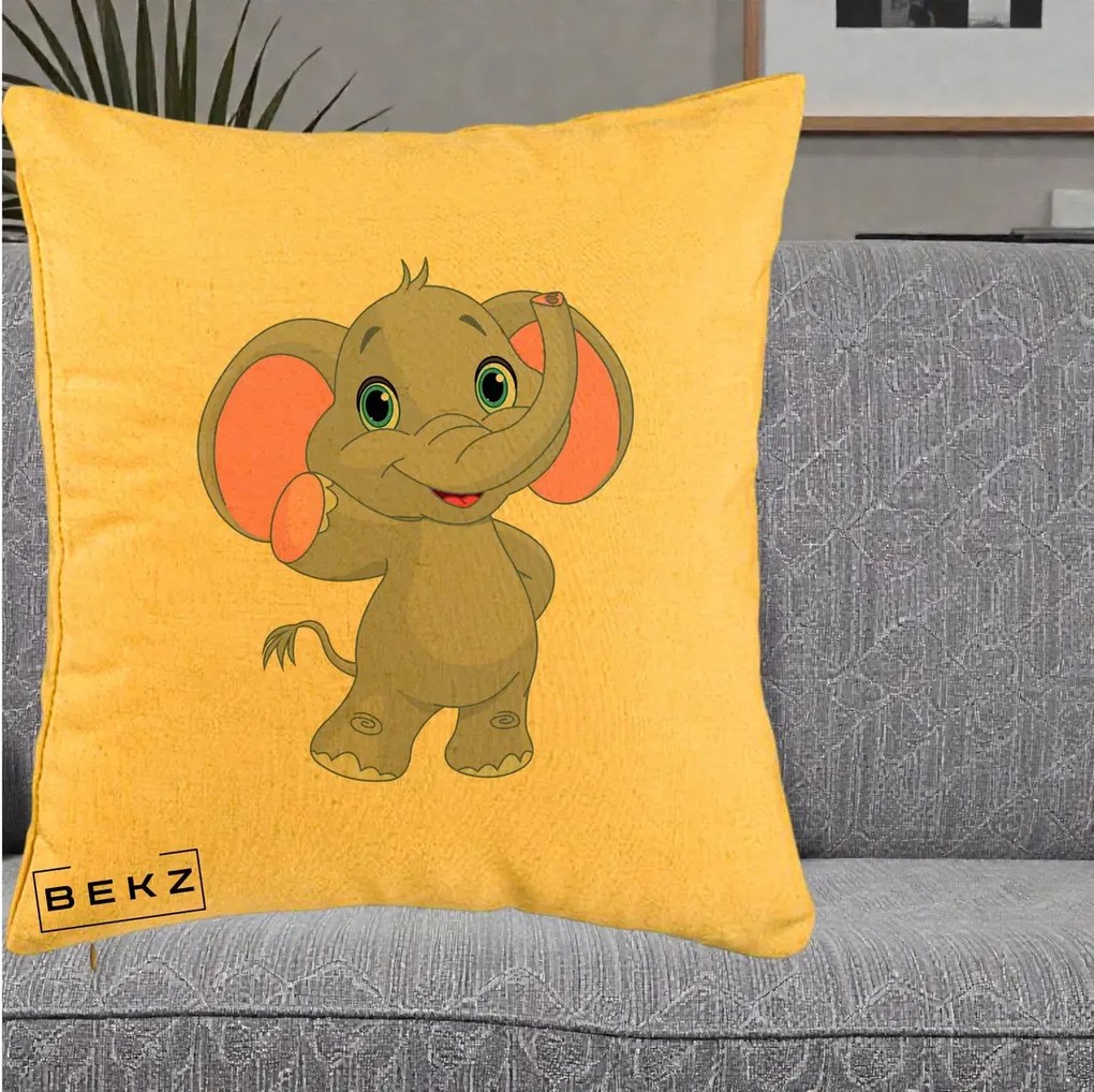 Perna Decorativa Pui de Elefant Kawaii, 40x40 cm, Galben, Husa Detasabila, Perna Inclusa, BEKZ®
