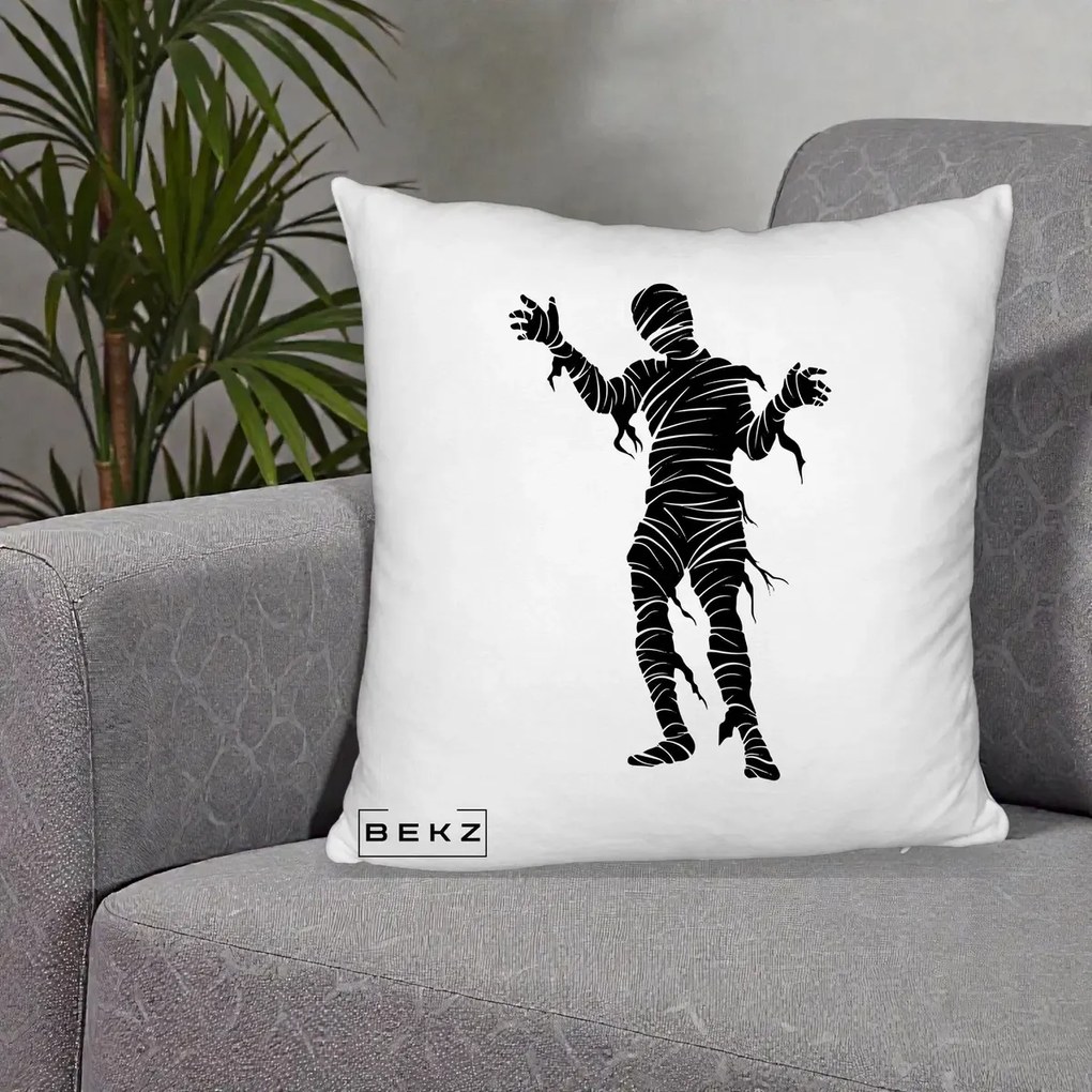 Perna Decorativa Mormii Infricosat Silueta Neagra Halloween, 40x40 cm, Alb Pufos, Husa Detasabila, Perna Inclusa, BEKZ®