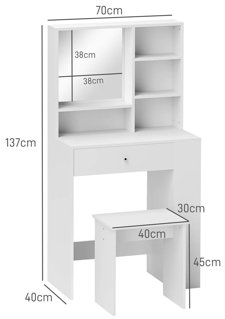 HOMCOM Set Masă de Toaletă cu Scaun, Stație de Machiaj cu Sertar, Oglindă și Rafturi din Lemn, 70x40x137 cm, Alb | Aosom Romania