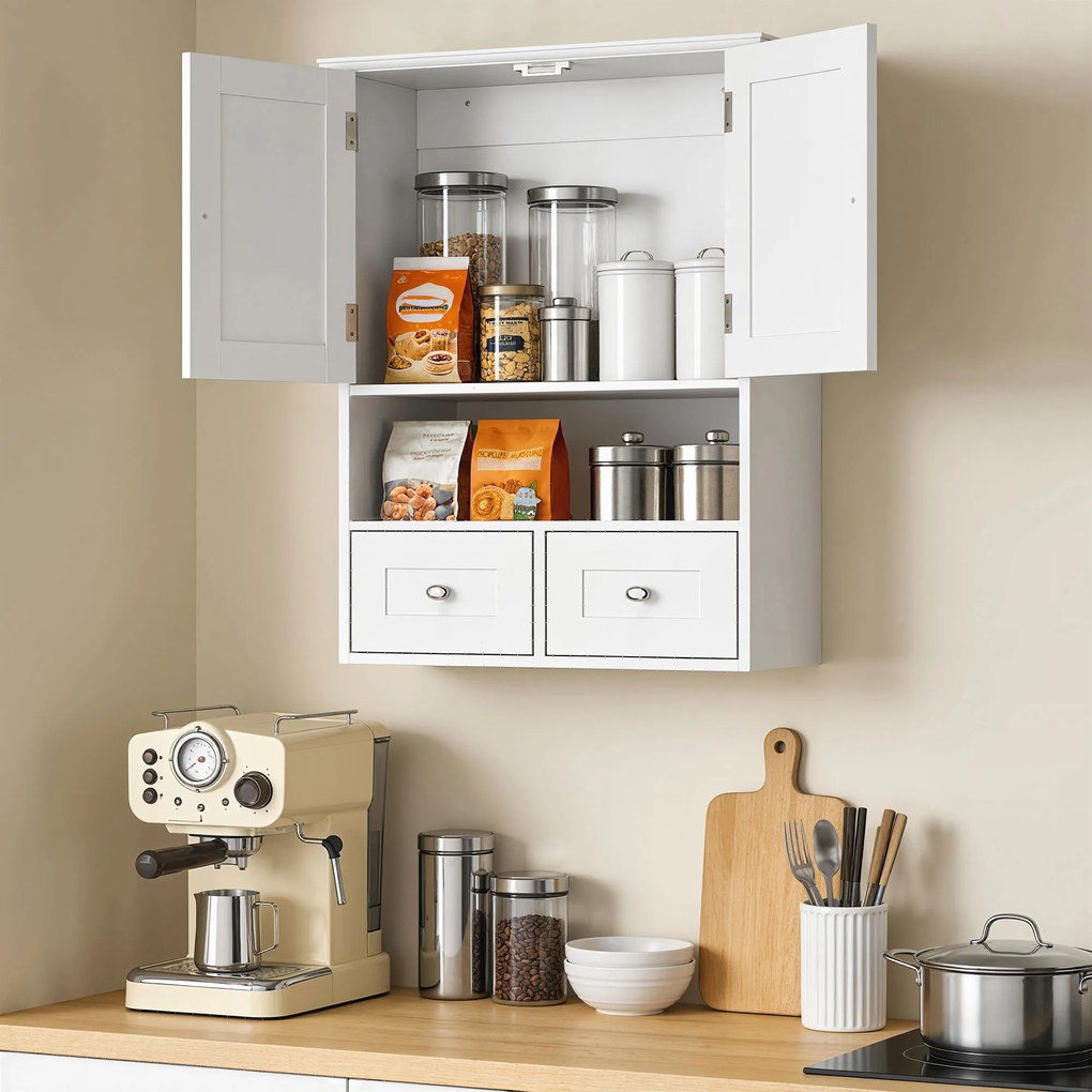 Kleankin Dulap de Perete pentru Baie cu 2 Uși, un Raft Deschis și 2 Sertare, Mobilier Multifuncțional, 50,8x17,8x66 cm, Alb | Aosom Romania