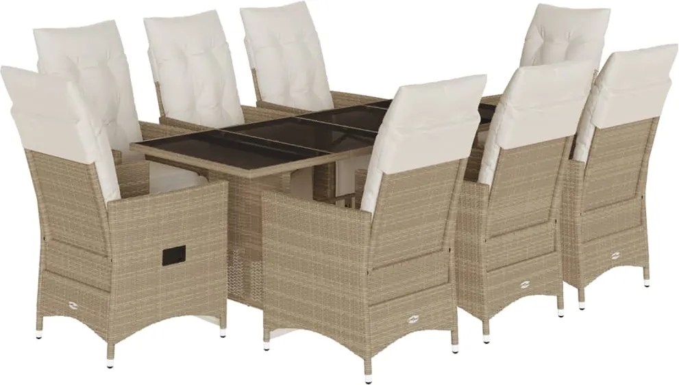 vidaXL Set bistro de grădină, 9 piese, cu perne, bej, poliratan