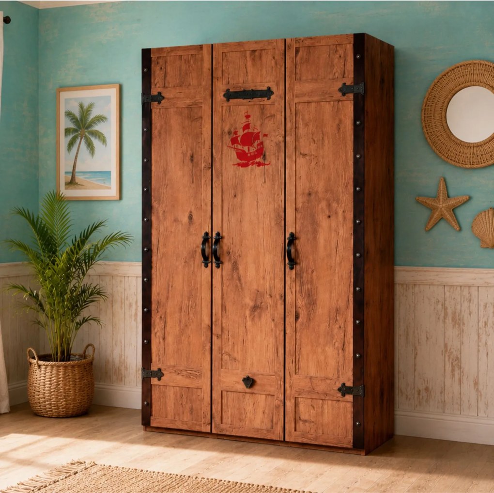 Dulap cu 3 usi, pentru copii Pirate Brown, 121x54x203 cm