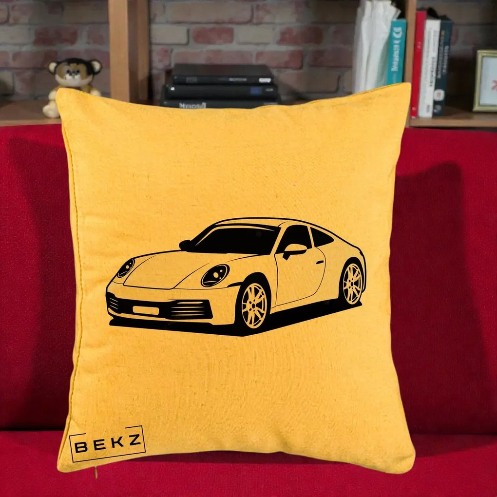 Perna Personalizata Porsche 911 Silueta, 40x40 cm, Galben, Husa Detasabila, Perna Inclusa, BEKZ®