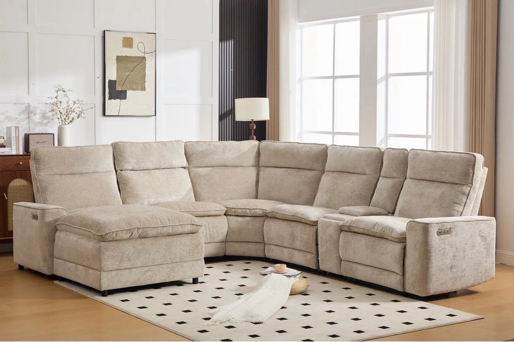 Coltar dumonde cu 3 reclinere electrice, incarcare USB, USB-C, tava, lumini de citit, suport pahare, textil, Vireon 317x347cm