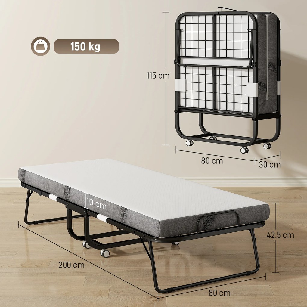 HOMCOM Pat pliant de oaspeți cu roți Oțel+Spumă Alb+Negru 200 x 80 x 42,5 cm | Aosom Romania
