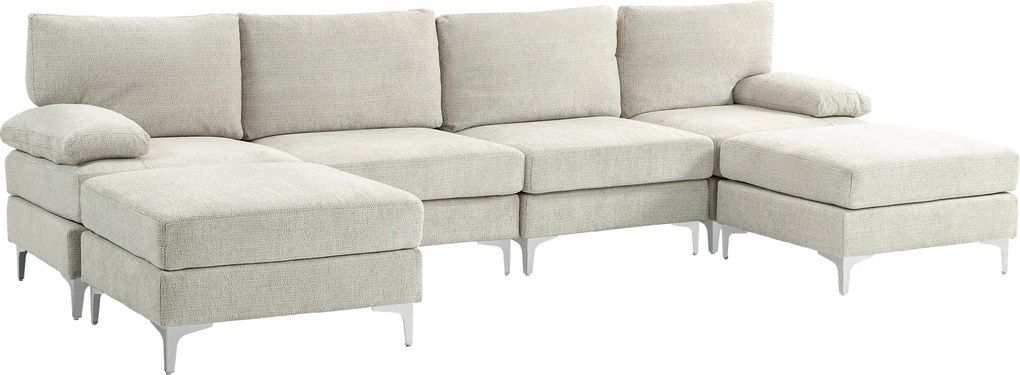 HOMCOM Canapea Modulară de 4 Locuri cu 2 Fotolii pentru Picioare, Perne pentru Brațe și Spătar, 313x149x88 cm, Crem Alb | Aosom Romania