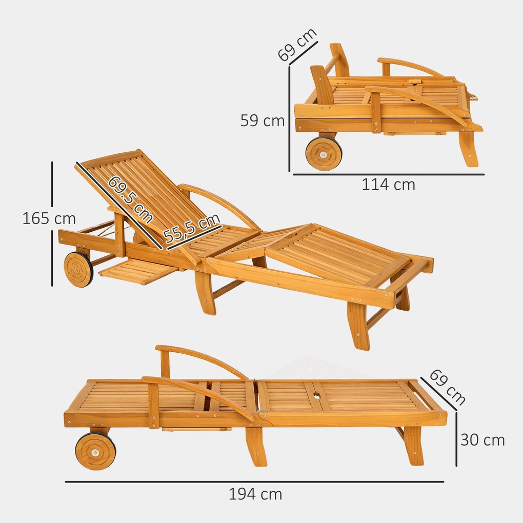 Outsunny Șezlong de grădină pliant din lemn cu masă laterală, role, spătar reglabil în 4 poziții Teak | Aosom Romania
