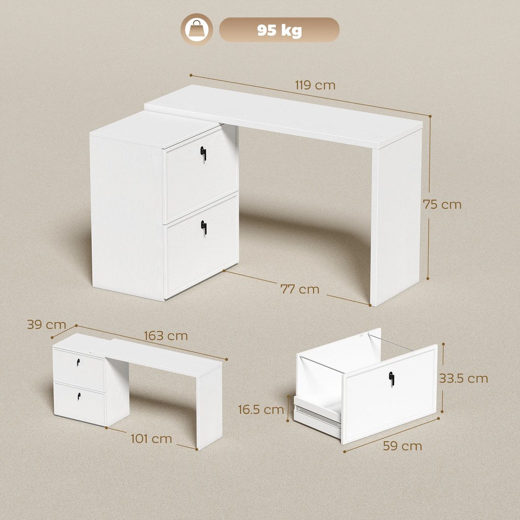 HOMCOM Birou reversibil în formă de L cu 2 sertare pentru arhivă Design modern pentru spații mici Birou alb | Aosom Romania