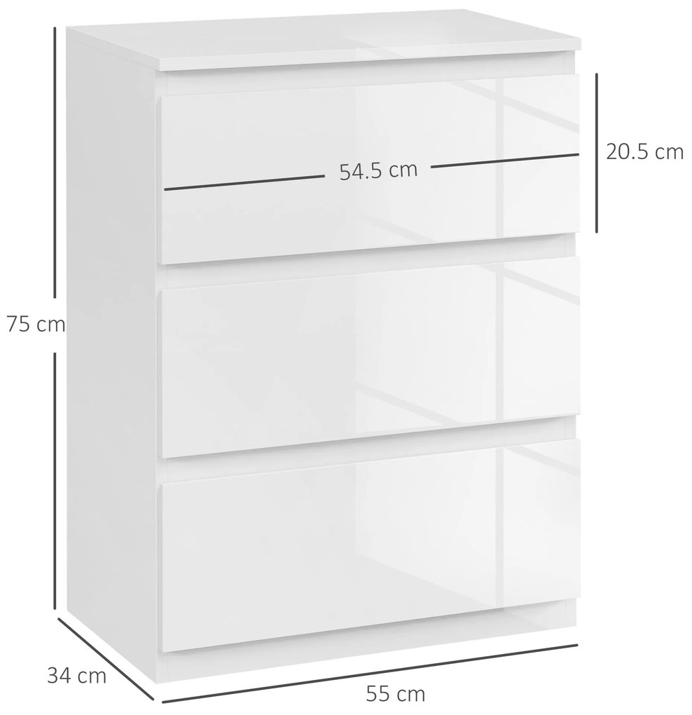 HOMCOM Comoda cu 3 Sertare Comoda de Dormitor Moderna cu Design Anti-rasturnare 55x34x75 cm Alb Lucios | Aosom Romania