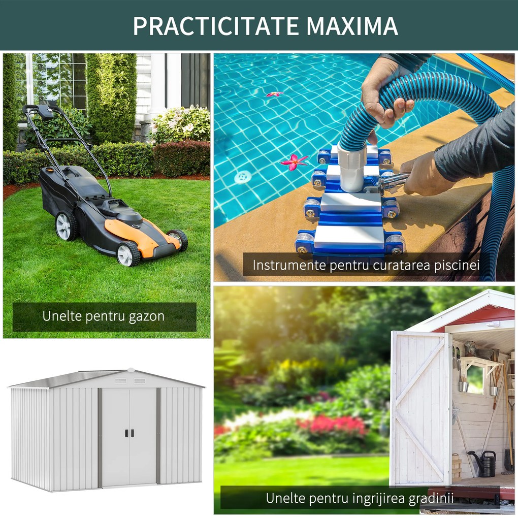Outsunny Magazie Grădină cu Uși Glisante Duble, Sopron din Oțel și PP, Dimensiune Mare, Argintiu | Aosom Romania