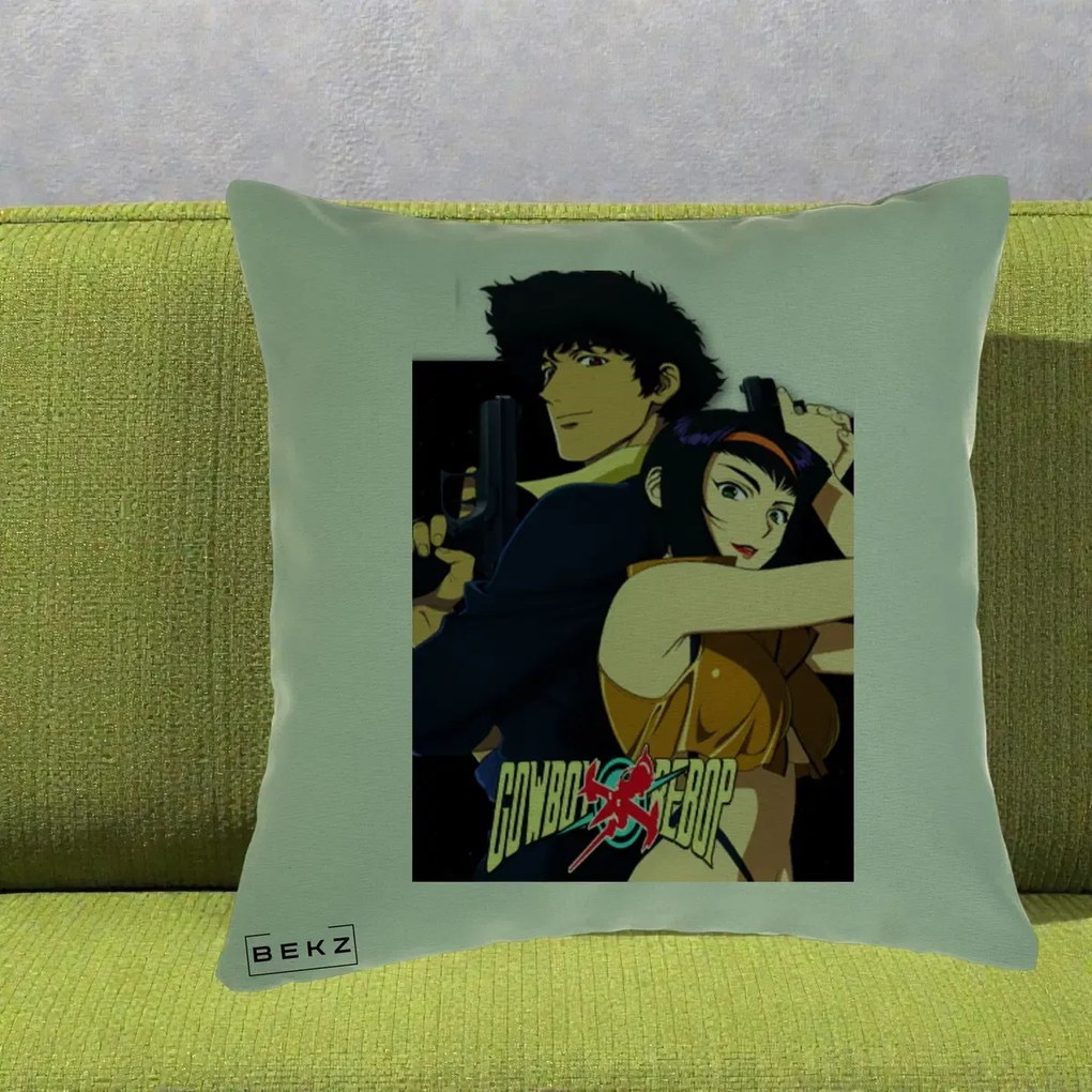 Perna Personalizata Cowboy Bebop Spike si Faye Poster, 40x40 cm, Verde, Husa Detasabila, Perna Inclusa, BEKZ®