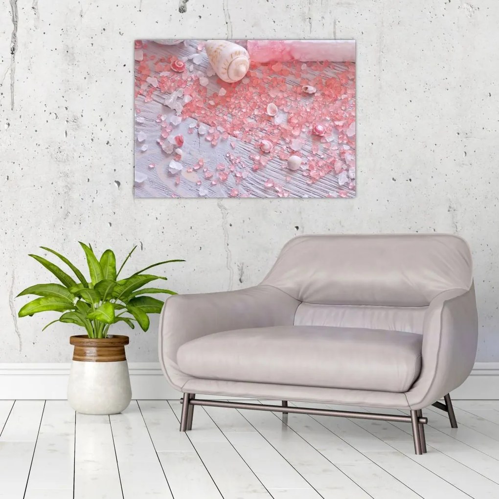 Tablou pe sticlă - Atmosfera de litoral în nuanțe roz (70x50 cm)