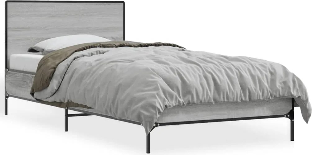 vidaXL Cadru de pat, gri sonoma, 90x200 cm, lemn prelucrat și metal