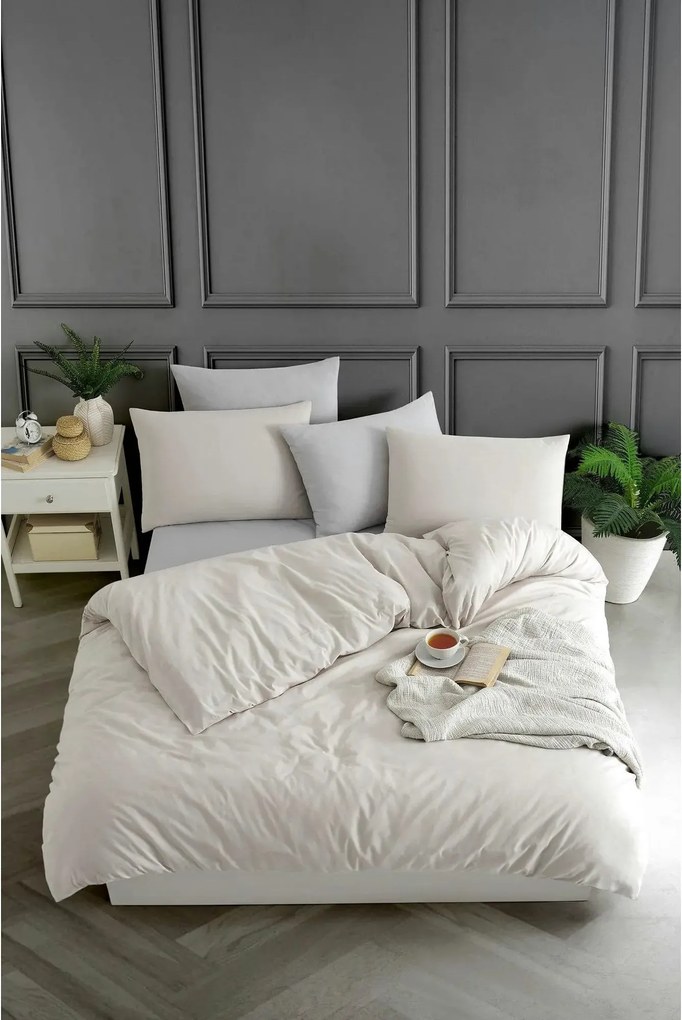 Set lenjerie pat 670TBH2123, bumbac/poliester, bej/gri deschis, 100x20