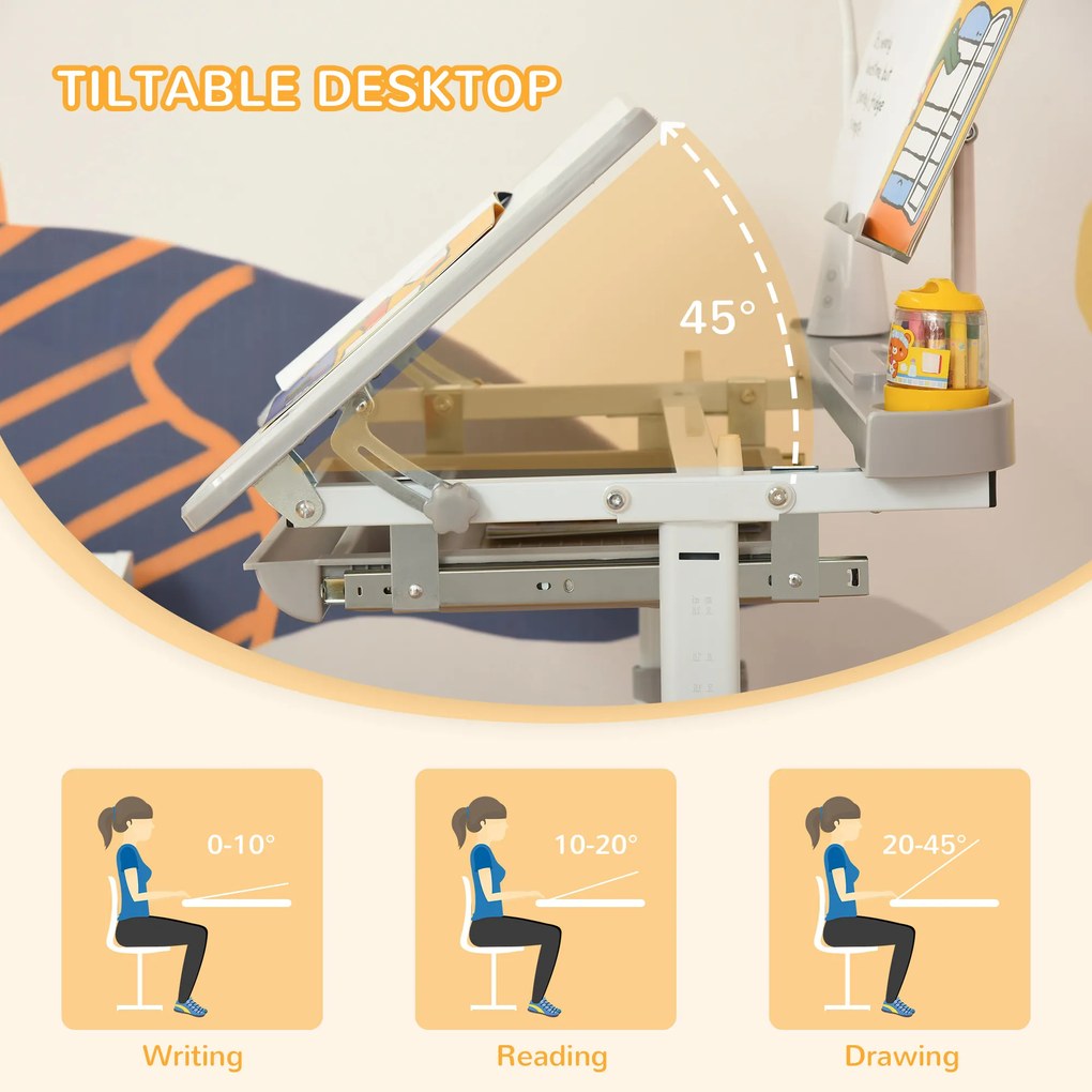 Homcom Set Birou Copii cu LED – Reglabil 6–12 Ani cu Blat inclinat | Aosom Romania