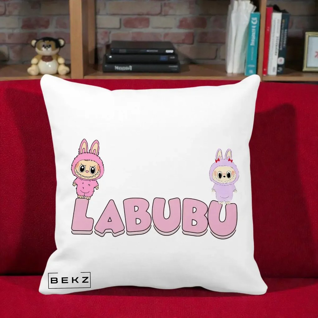 Perna Personalizata Labubu Duo Roz-Lila cu Text, 40x40 cm, Alba Mata, Husa Detasabila, Perna Inclusa, BEKZ®