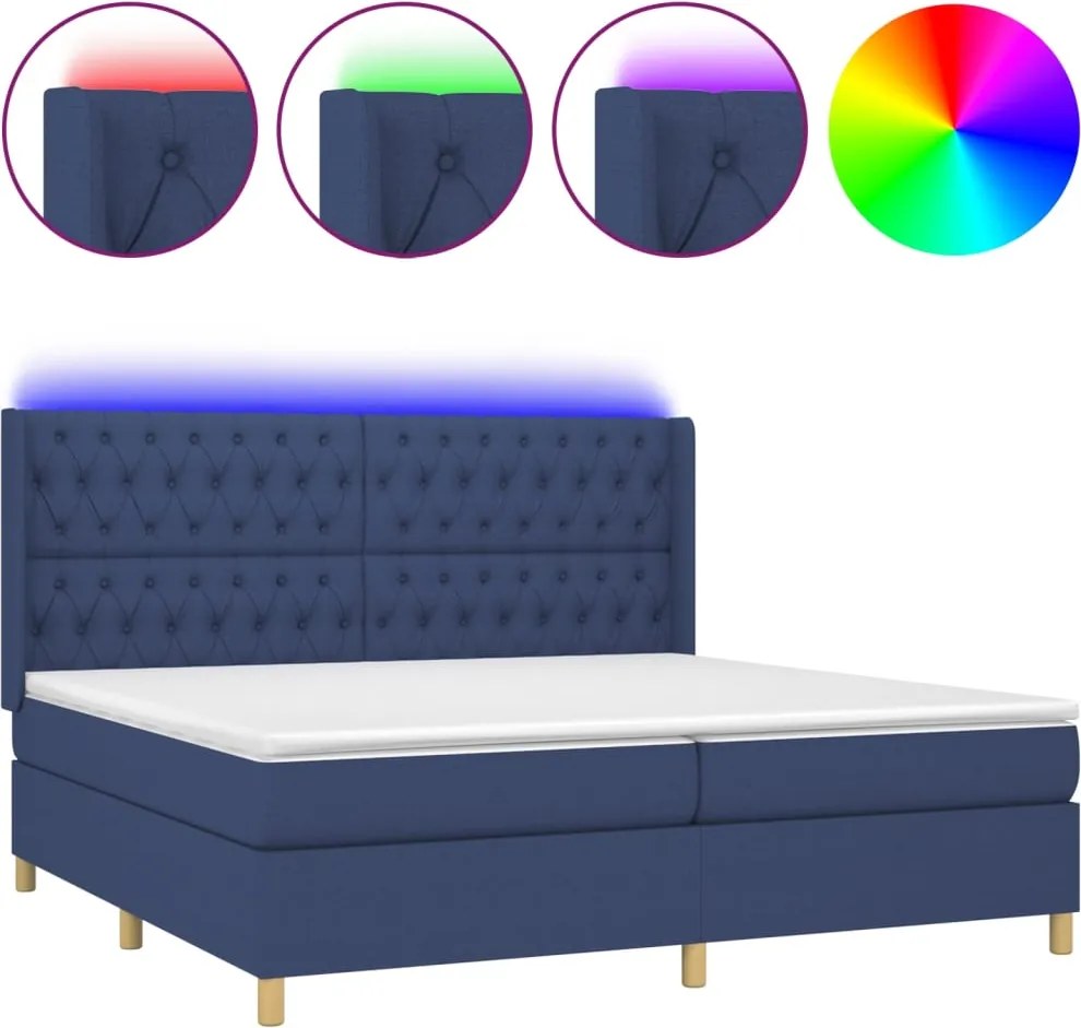 vidaXL Pat cu arcuri, saltea și LED, albastru, 200x200 cm, textil