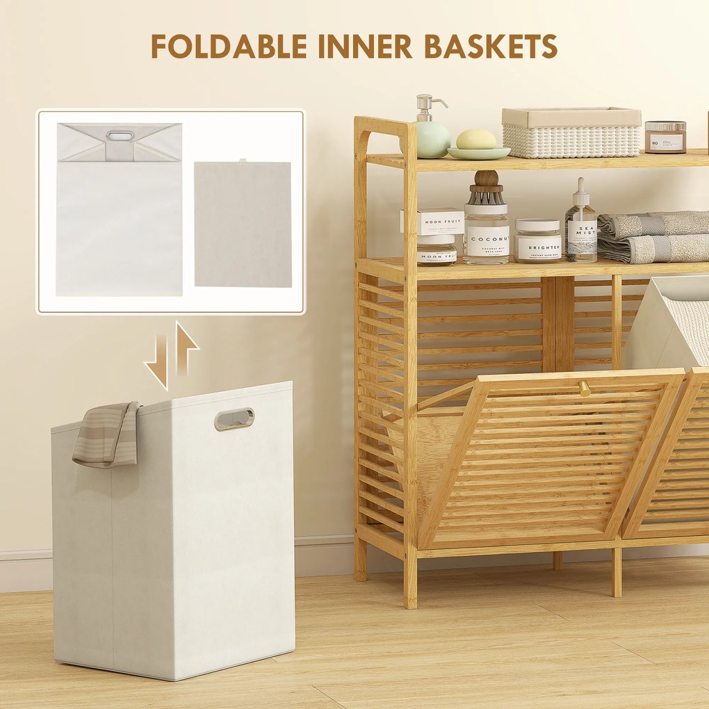 HOMCOM Mobilier pentru Rufe de Baie cu 2 Compartimente Basculante, 82L, Suport pentru Rufe Murdare din Bambus cu Coșuri Detașabile și Lavabile și 2 Rafturi, pentru Spălătorie și Baie, 82x33x88 cm, Culoare Lemn | Aosom Romania