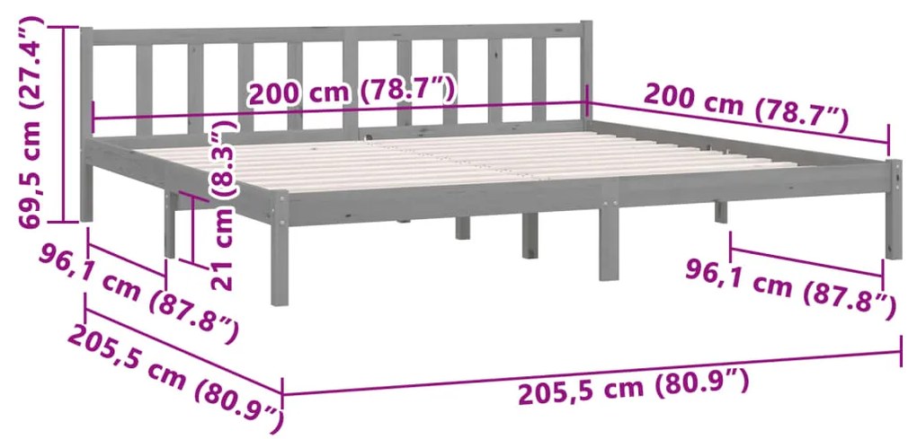 Cadru de pat, gri, 200x200 cm, lemn masiv de pin Gri, 200 x 200 cm