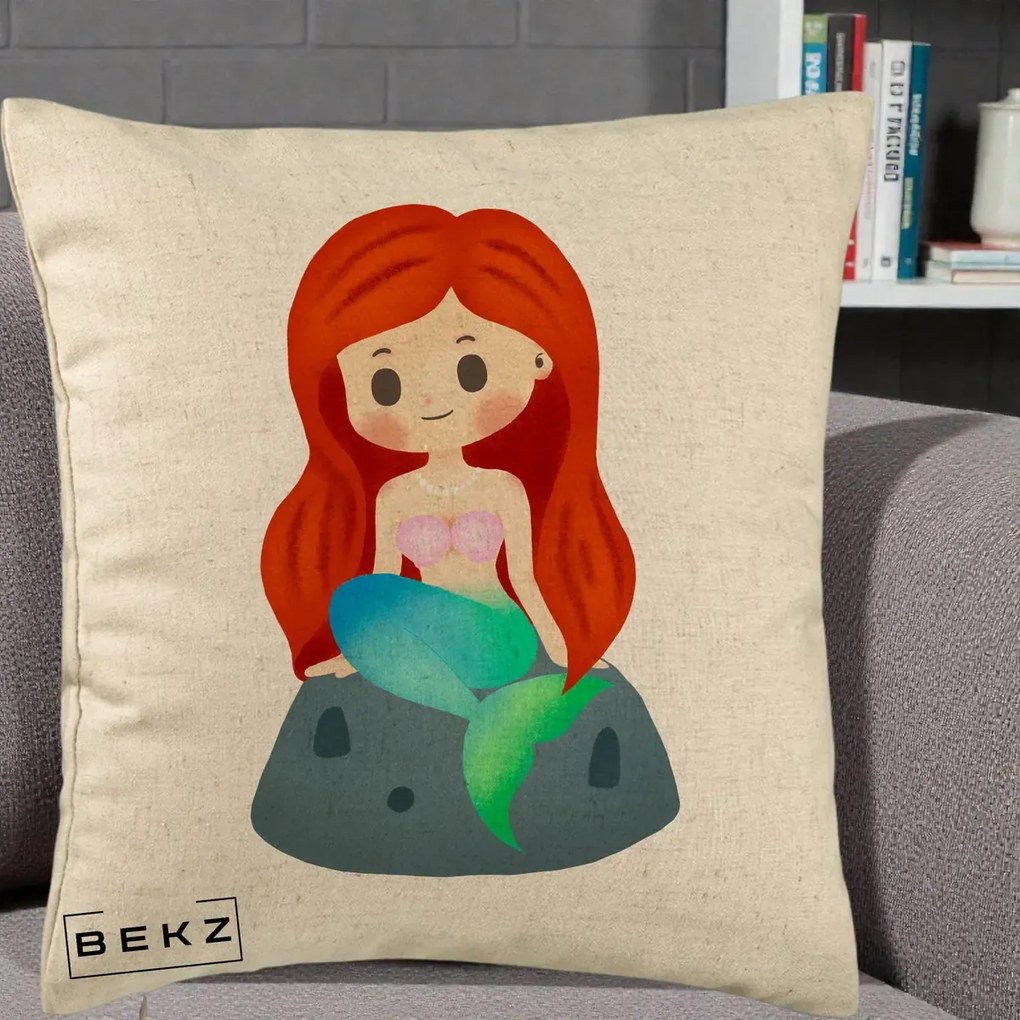 Perna Personalizata Sirena Kawaii Roscat, 40x40 cm, Bej, Husa Detasabila, Perna Inclusa, BEKZ®